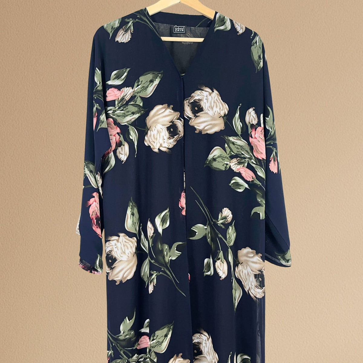 Elegant Floral Abaya - Navy Blue