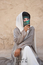 Load image into Gallery viewer, olive green and white organza modest abaya for occasionalwear with sheila hijab and under abaya inner