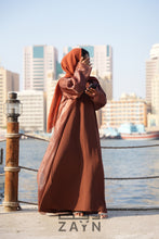 Load image into Gallery viewer, modest classy stylish organza abaya in brown chocolate shade along with a inner and a matching hijab by zayn souq