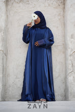 Load image into Gallery viewer, deep blue color modest stylish elegant organza abaya with inner and sheila hijab by zayn souq