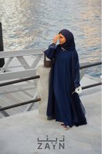 Load image into Gallery viewer, deep blue color modest stylish elegant organza abaya with inner and sheila hijab by zayn souq