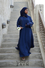 Load image into Gallery viewer, deep blue color modest stylish elegant organza abaya with inner and sheila hijab by zayn souq
