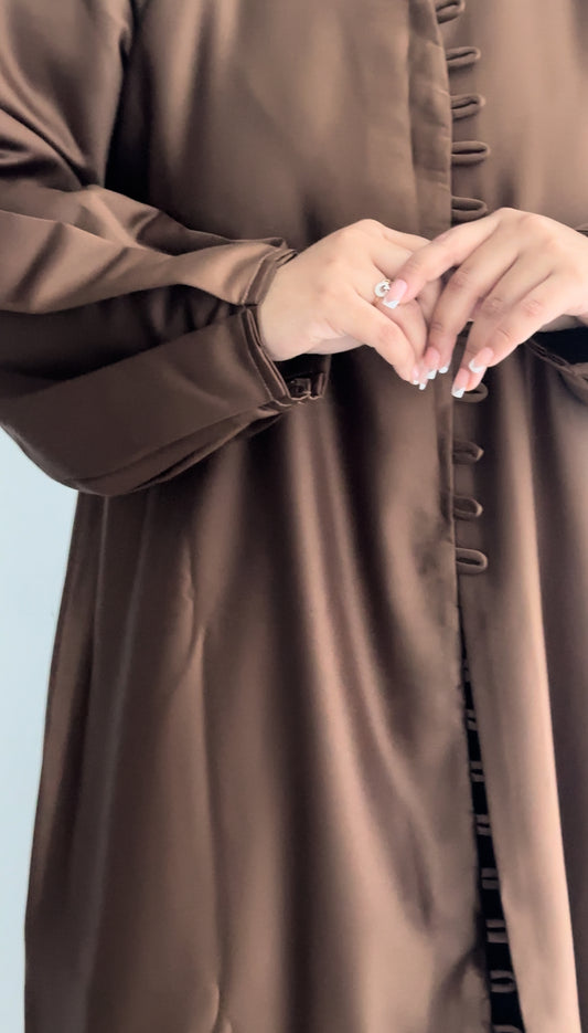 NUR's Chic Satin Abaya in Cinnamon Brown
