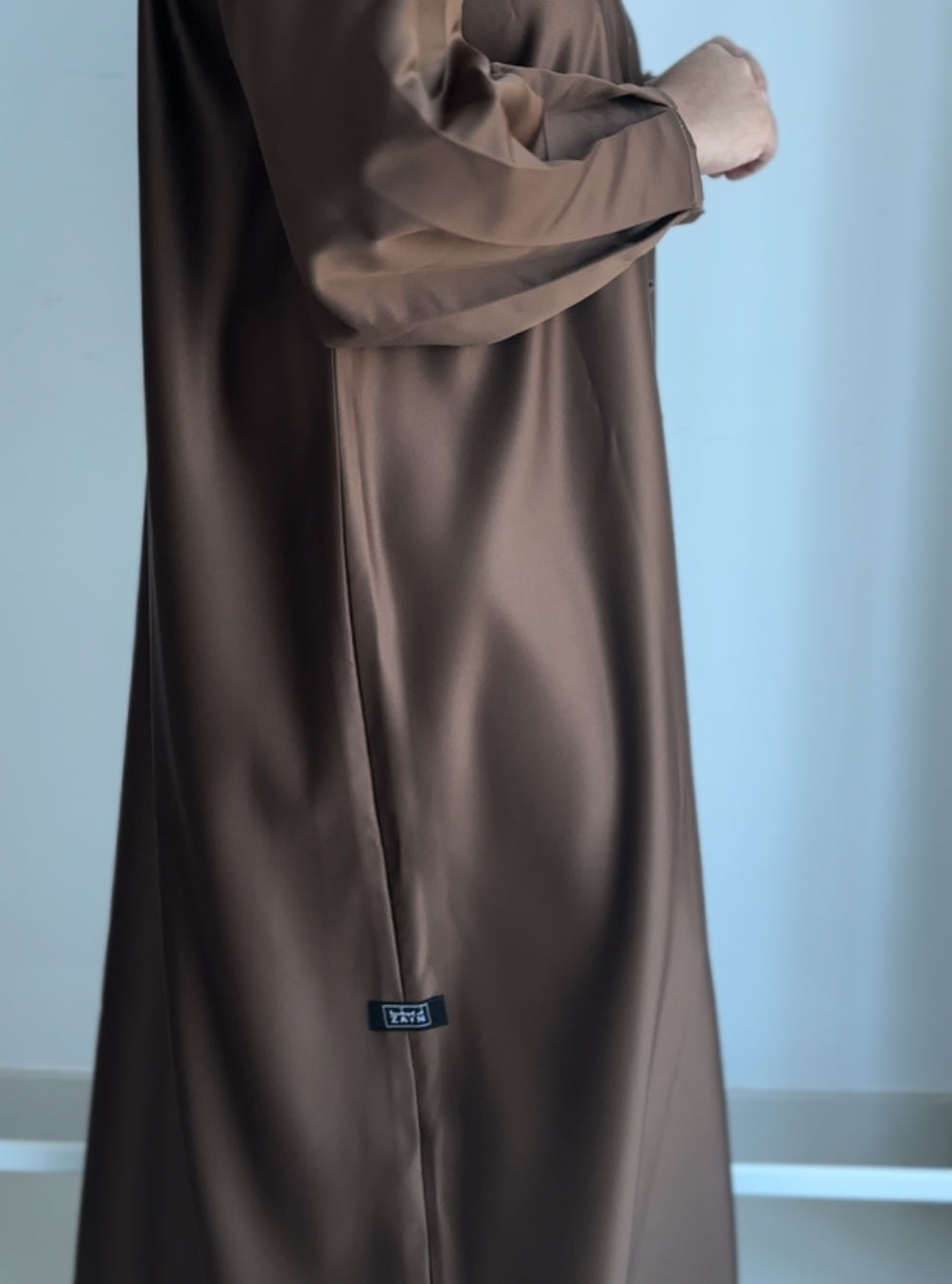 NUR's Chic Satin Abaya in Cinnamon Brown