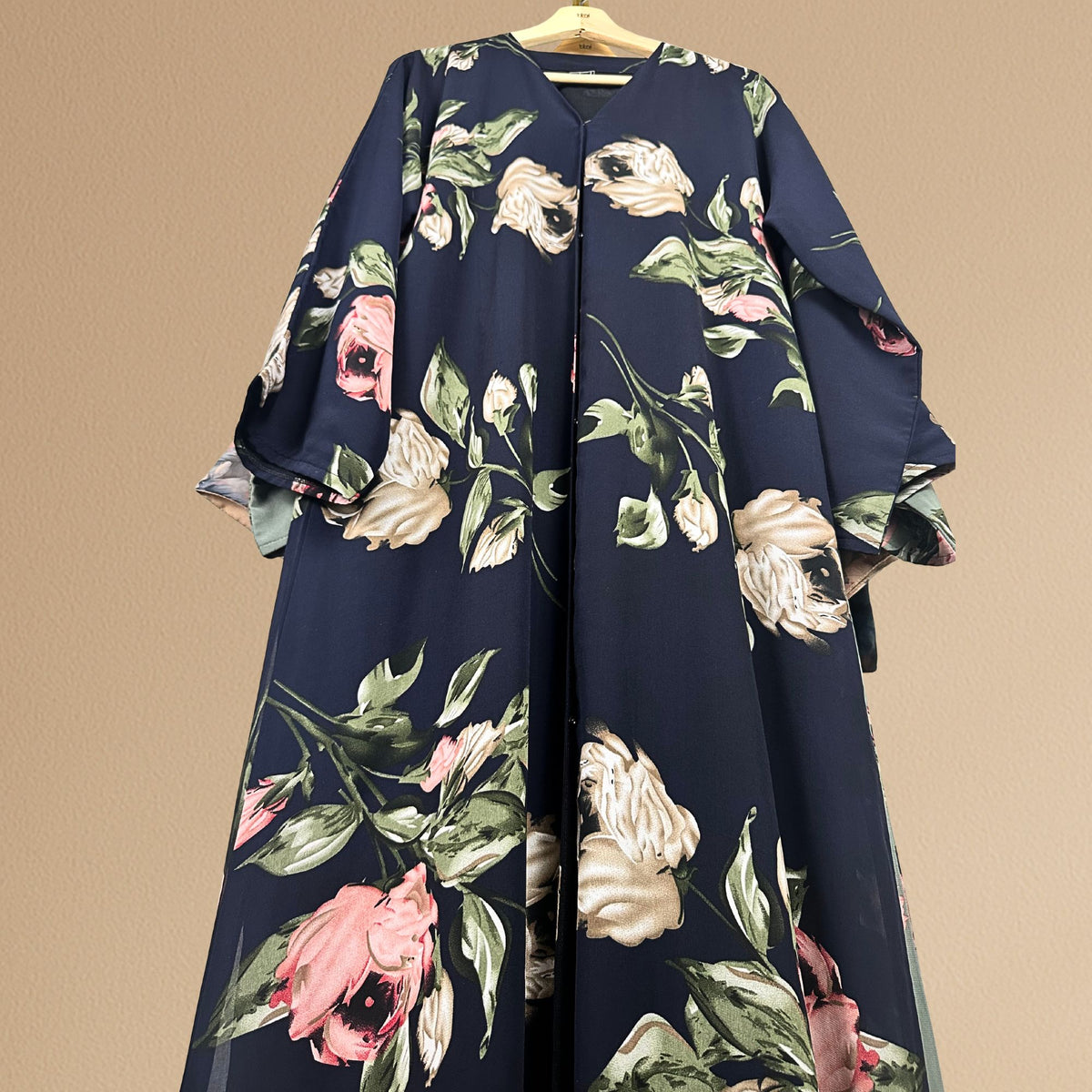 Elegant Floral Abaya - Navy Blue