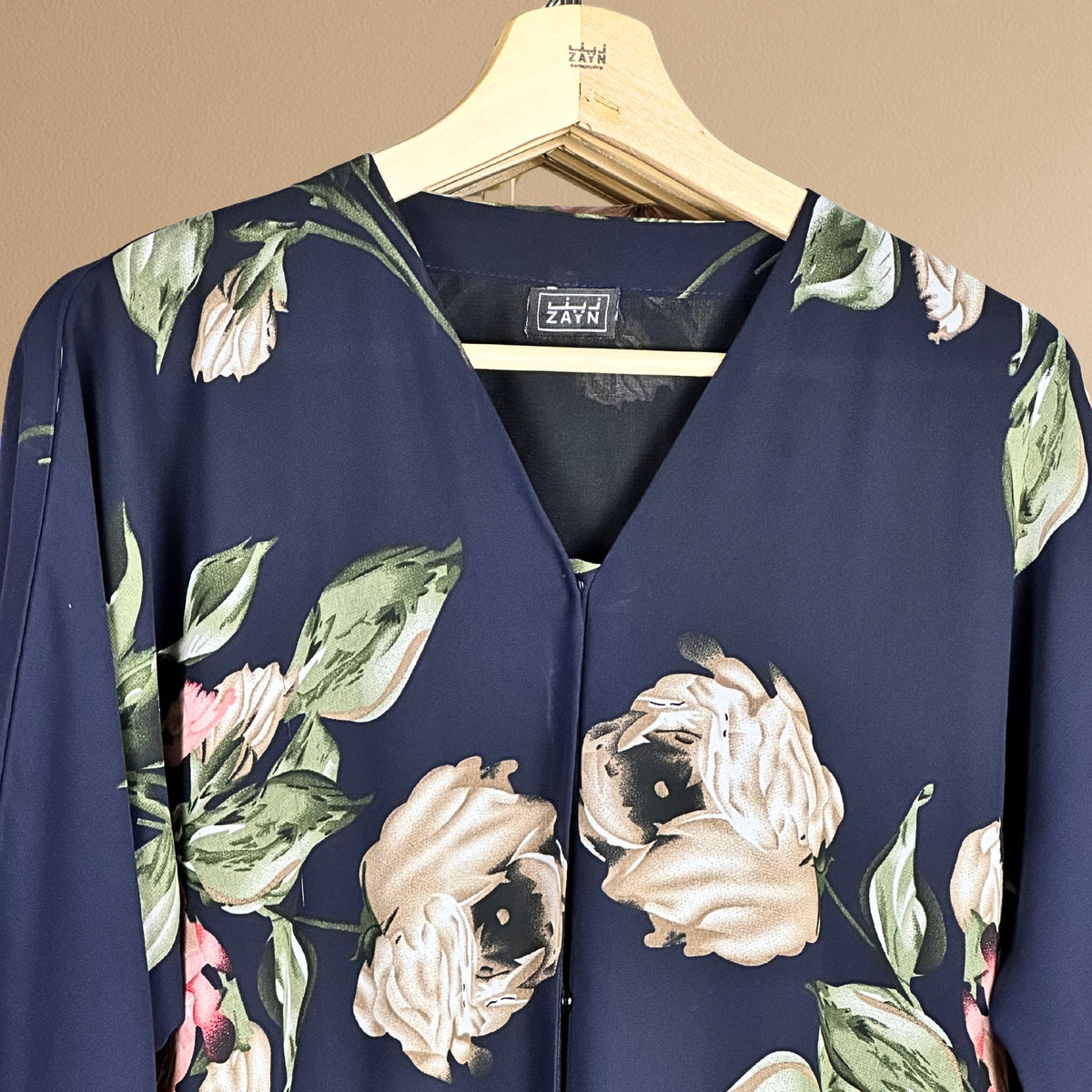 Elegant Floral Abaya - Navy Blue
