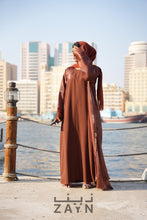 Load image into Gallery viewer, modest classy stylish organza abaya in brown chocolate shade along with a inner and a matching hijab
