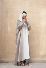 Load image into Gallery viewer, olive green and white organza modest abaya for occasionalwear with sheila hijab and under abaya inner
