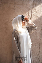 Load image into Gallery viewer, olive green and white organza modest abaya for occasionalwear with sheila hijab and under abaya inner
