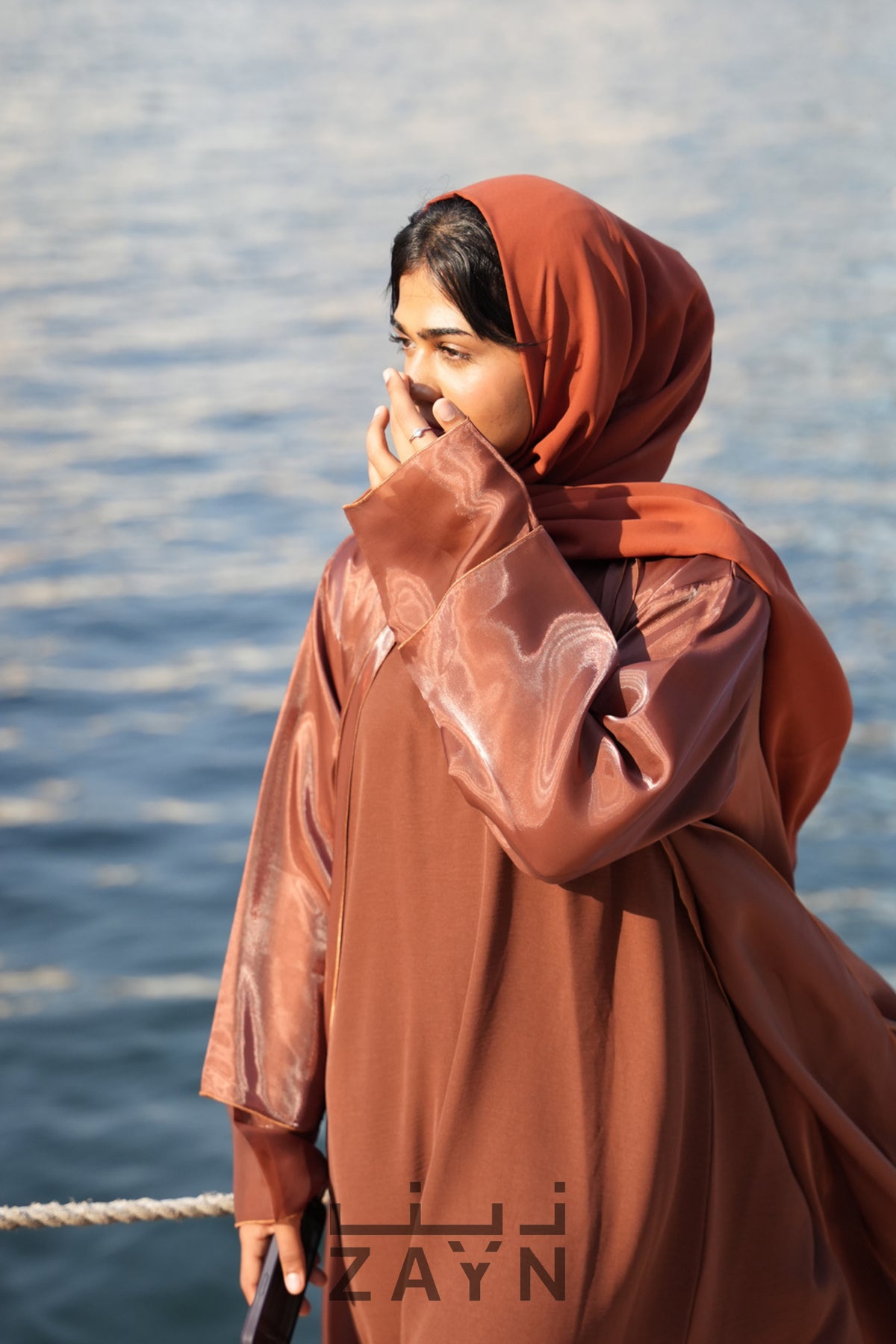 modest elegant brown abaya with inner and sheila hijab by zayn souq