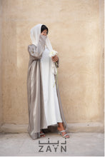 Load image into Gallery viewer, olive green and white organza modest abaya for occasionalwear with sheila hijab and under abaya inner
